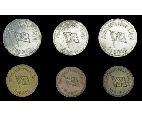 Germany, BREMEN, Norddeutscher Lloyd, 1/2 Liter Bier, white metal (2), both 27mm; 1/4 Liter Bier (2, bronze and brass), both 
