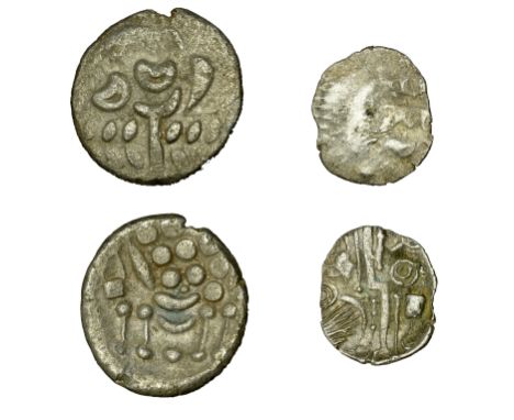 DUROTRIGES, Billon Stater, disjointed head of Apollo, rev. disjointed horse left, 3.45g/12h (ABC 2169; S 367); Unit, crescent