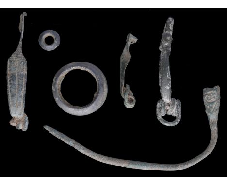 Celtic, bronze artefacts, 2nd-1st cent. BC (6), includes La Tene bow brooches (3), Beads (2), Pin, 9cm long with a moulded sc