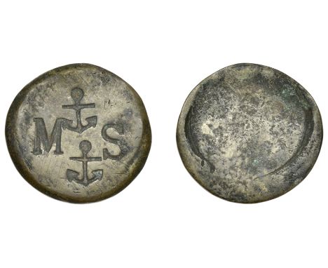 Gibraltar, Anchor Bar (?), uniface brass, incuse anchors dividing MS, 27mm (Lyall 1202). Good fine but crudely made, rare  £4