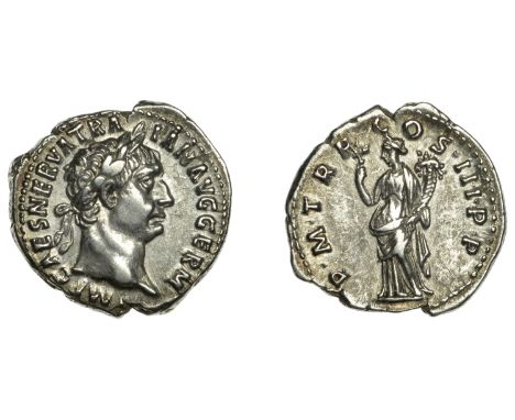 Roman Imperial Coinage, Trajan, Denarius, Rome, 100, laureate bust right, rev. Pax standing left, holding branch and cornucop