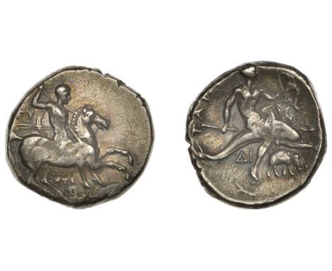 Greek Coinages, CALABRIA, Tarentum, Nomos, reduced standard, 280-72, cavalryman advancing right, αρι στι π below, rev. Taras 