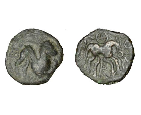 Greek Coinages, CELTIC GAUL, Nervii, Bronze, after 52, ve [rc] io, lion right, rev. ve r ico, horse right, wheel above, 5.38g