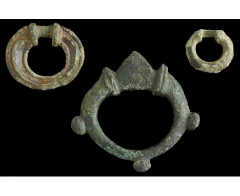 Celtic, bronze Terret Rings (3), 2nd cent BC-early 1st cent. AD, all complete, largest 6.3cm x 6cm, with raised bosses, termi