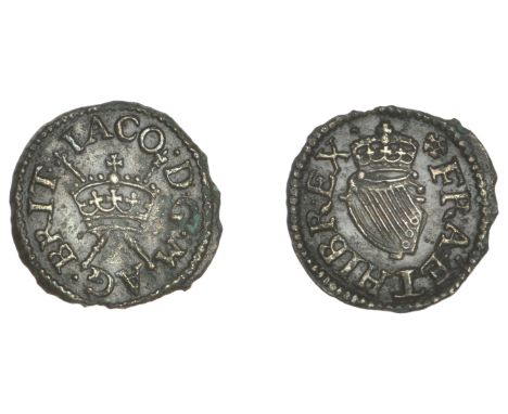 James I (1603-1625), Farthing, Harington type 2, mm. cinquefoil, reads r · ex, eight strings on harp, 0.66g/6h (E 16f; BMC 47