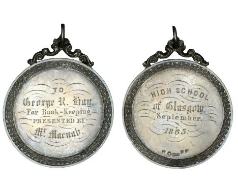 High School of Glasgow, an engraved silver award medal by Muirhead & Arthur, legend (September 1865), rev. named (To George R