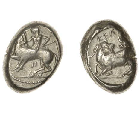 Greek Coinages, CILICIA, Kelenderis, Stater, 425-400, nude youth dismounting from horse, holding whip, π between horse’s legs