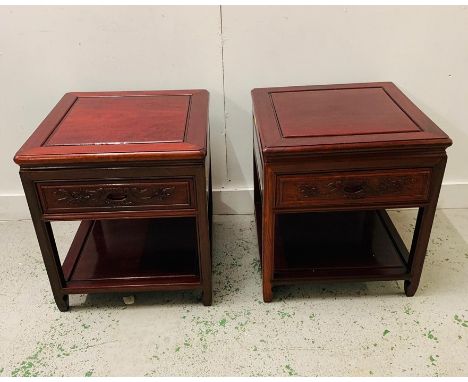 A Pair of oriental cherry wood square side tables with lower shelf 