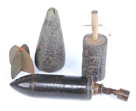 A WW I French Brandt 60mm pnuematic mortar with tail fin, together with an Austro-Hungarian Zeitzunder time fuze rifle grenad