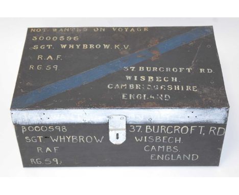 A painted tin trunk, naming 3000596 Sgt. Whybrow R.A.F. R.G.59, 37 Burcroft Road, Wisbech Cambridgeshire England, containing 