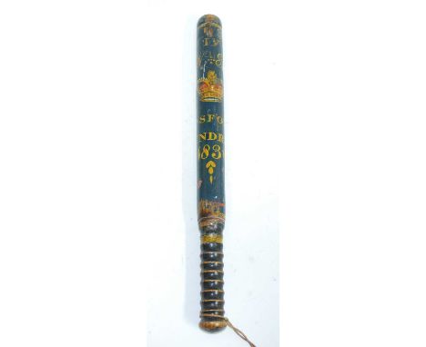 A William IV turned ash truncheon, polychrome painted WR IV over a crown with Cosford Hundred 1831 below, having a ring turne