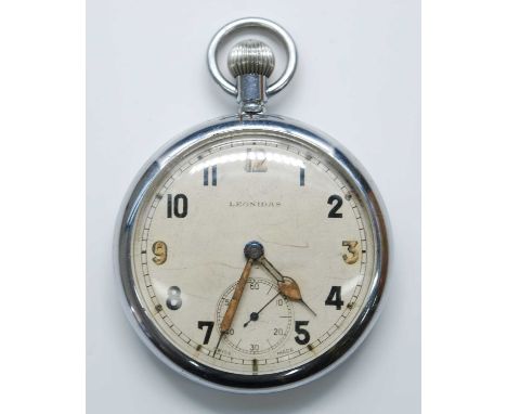 A Leonidas military issue nickel cased open face pocket watch, having a white enamel dial with Arabic numerals and subsidiary