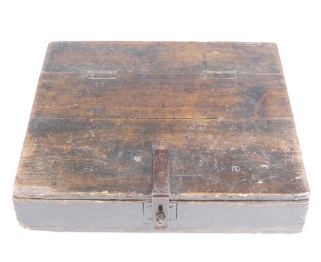 A stained pine writing slope, possibly trench made from a Lewis gun ammunition box, dated 1917, w.46, d.39, h.13, together wi