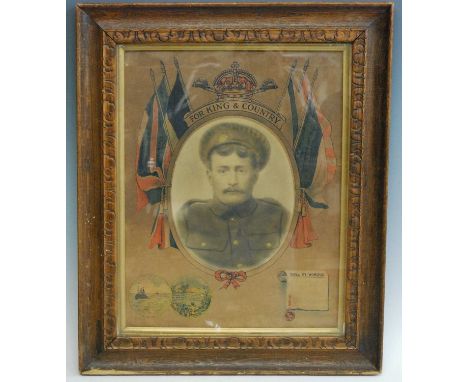 A WW I print, the central portrait surmounted by a crown with For King &amp; Country, flanked by flags of the allies with two