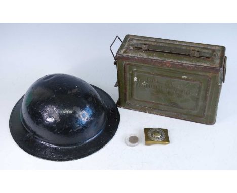 A U.S. Army Cal 30 M1 ammunition box, together with an Imperial German belt buckle, a 1937 2 Reichspfennig coin and a steel B