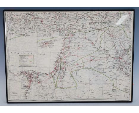 A WW II double sided silk map of North Africa, scale 1:3,000.000 or 47.34 English miles to an inch, framed with label of prov