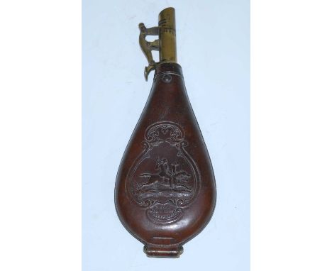 A 19th century horn powder flask, of ovoid form with screw cover, 12cm, together with an early 20th century leather shot flas