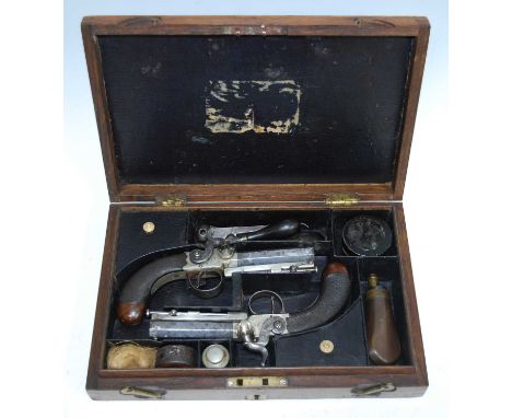 Calderwood of Dublin, a pair of 19th century percussion pocket pistols, each having an 8cm sighted octagonal barrel engraved 