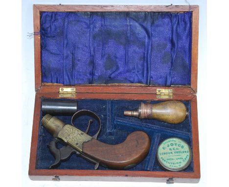 19th century percussion box lock pocket pistol, having a 4cm turn-off steel barrel, the brass frame engraved Forest with Oxfo