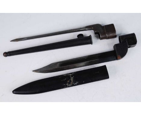 A British Army No.4 Mk II spike bayonet, in scabbard, 26cm, together with a British No.9 Mk I bayonet with Poole 1949 mark, i