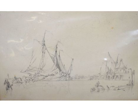 Folio to include - Algernon Drummond - drawing of boat on beach dated 1858; Thomas Barker of Bath - The Vale of Clydach, pen 