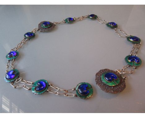 Unusual white metal, turquoise enamel and blue glass set chain link belt