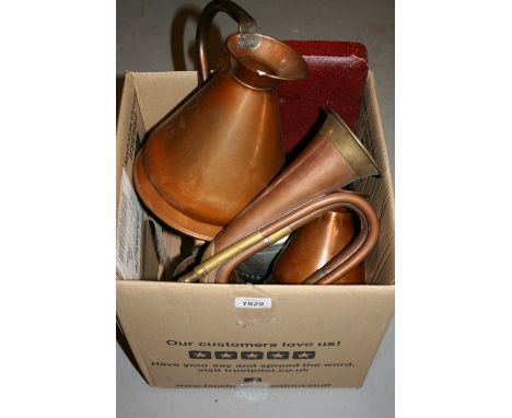 Group of four copper measures, a copper and brass mounted bugle and small quantity of plated flatware and teapot etc.