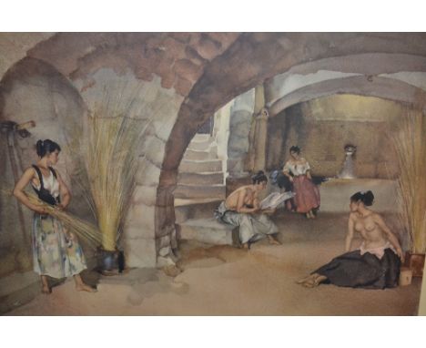 Sir William Russell Flint, signed coloured print, girls in an interior, one reading a newspaper