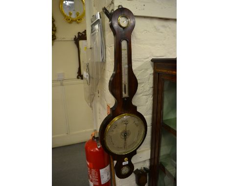 19th Century rosewood wheel barometer / thermometer with silvered dials, inscribed A. Canti Junior, 59, Shoe Lane, Holburn