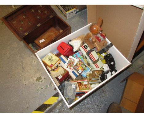 Box containing a quantity of miscellaneous die-cast metal vehicles, playing cards, boxes etc