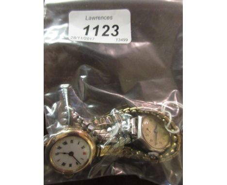 Ladies 9ct yellow gold cased wristwatch having enamel dial with Roman numerals (glass a/f), together with another ladies silv