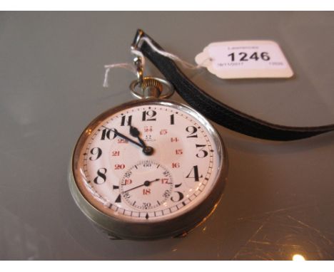 Omega crown wind open face nickel plated pocket watch, the enamel dial with Arabic numerals with subsidiary seconds
