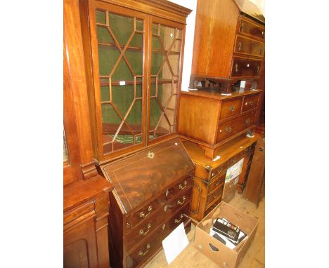 19th Century and later mahogany bureau bookcase having moulded key pattern cornice above two bar glazed doors with fall front