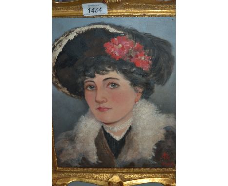 Ornate gilt framed oil, portrait of an Edwardian lady, monogrammed and dated 1903, 11.5ins x 9ins