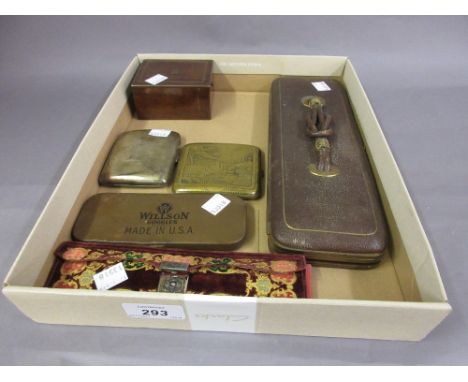 19th Century leather glove case, a cased manicure / sewing set, cased pair of Willson American goggles, small rosewood box an