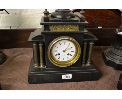 19th Century black slate and brass mounted two train mantel clock with enamel dial and Roman numerals