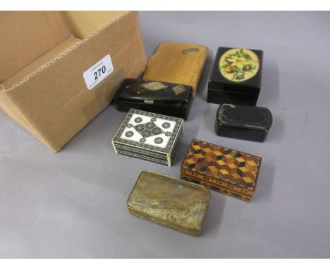 Miniature Tunbridge ware box, agate snuff box, oriental mosaic inlaid box, four other various snuff boxes, cigarette case etc