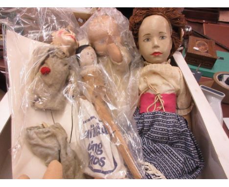 Wooden peg doll (a/f), composite headed doll, a felt doll and a wooden puppet (a/f)