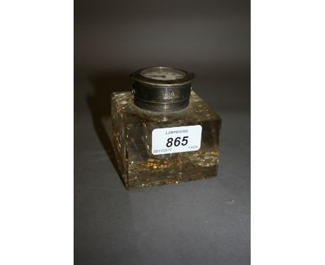 Early 20th Century cut glass inkwell with silver mounts, the hinged lid incorporating a watch with enamel dial, Roman numeral