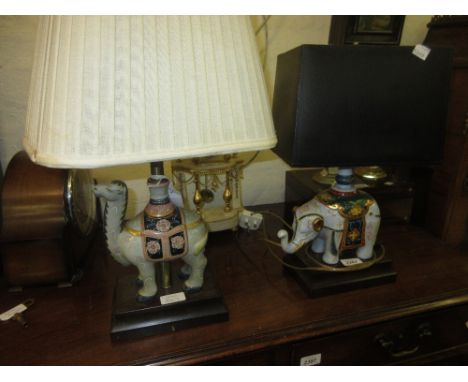 Two ceramic and brass lamps in the form of a camel and elephant by F. Cooper Lamps, with shades