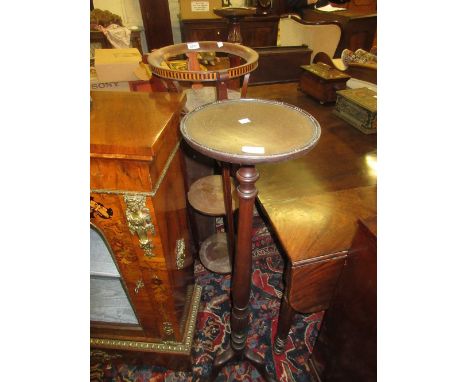 Edwardian mahogany and line inlaid three tier jardinière stand together with a mahogany torchère with tripod base