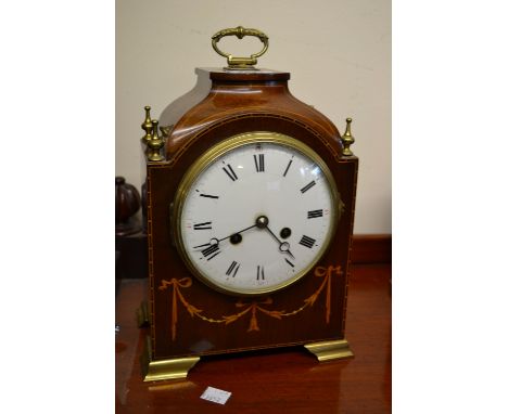 Good Edwardian mahogany and inlaid gilt brass mounted dome top mantel clock, the enamel dial with Roman and Arabic numerals, 