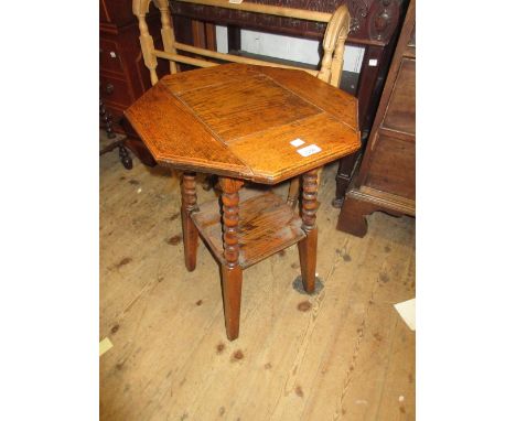 Oak hexagonal side table on bobbin turned supports with undertier together with a mahogany crossbanded and inlaid rectangular