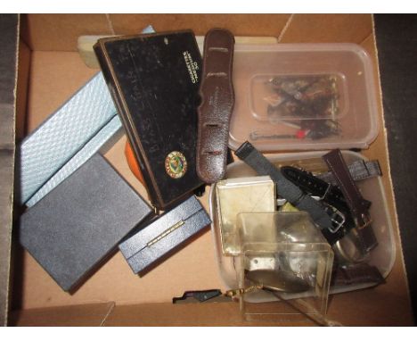 Box containing a quantity of watch repair parts and tools etc