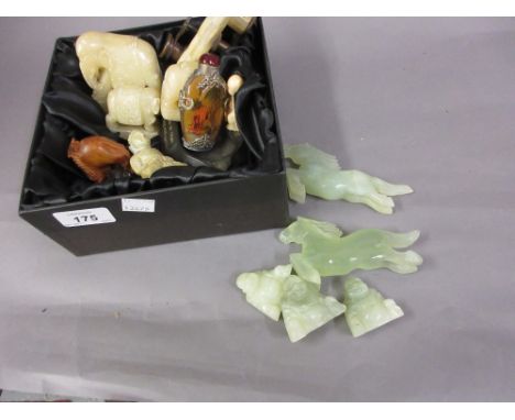 Box containing a quantity of various oriental items including: green stained carved figures of Buddha, boxwood netsuke, eleph