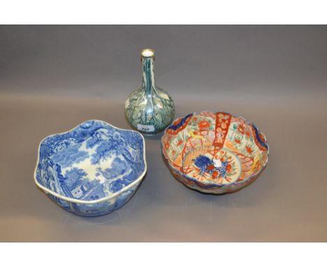 Imari bowl, Spode blue and white bowl and a Tuscan bottle vase