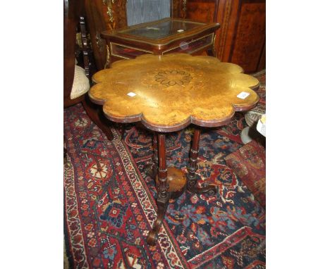 Small Victorian figured walnut and marquetry inlaid shaped top occasional table on a triple cluster column support and tripod