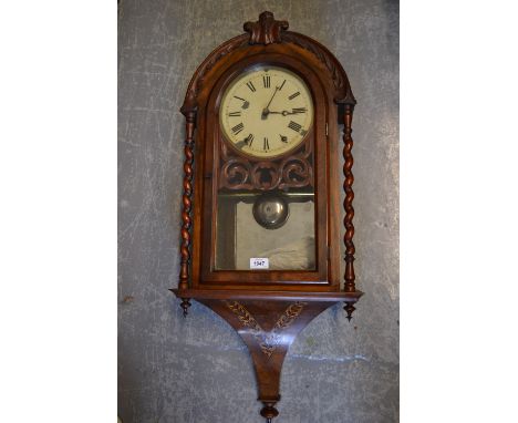 19th Century American walnut parquetry inlaid dome topped wall clock, the painted enamel dial with Roman numerals, with a two