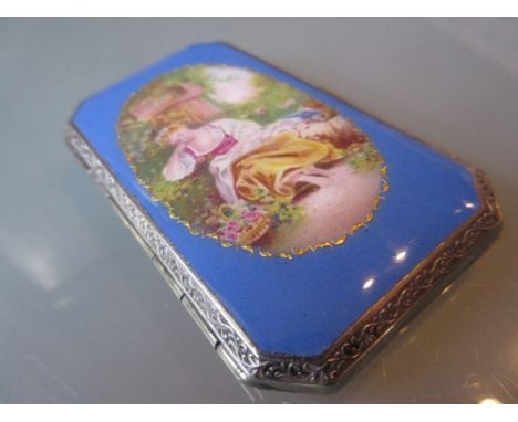 Small Continental silver and enamel decorated cigarette case, the cover painted with a panel depicting a sleeping shepherdess