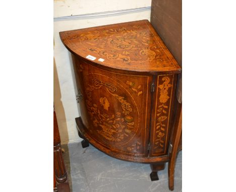 Small late 18th / early 19th Century Dutch marquetry bow fronted standing corner cabinet, the single door inlaid with floral 